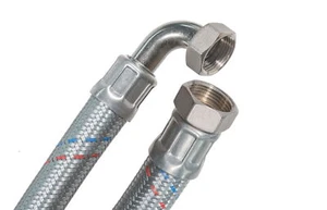 Flexschlauch DN19 - 3/4 Zoll ÜM x 3/4" ÜM mit 90°Bogen Stahldraht Panzerschlauch - Bild 1 von 3