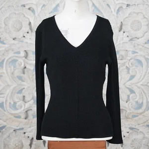 Schwarzer gerippter Damenpullover aus Seidenmischung mit V-Ausschnitt Oberteil | tailliert & schick | Größe S - Bild 1 von 11