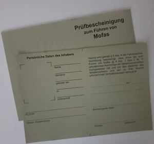 Blanko Mofa Führerschein in Grau Prüfbescheinigung zum Führen von Mofas Leer Neu - Bild 1 von 4