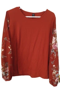 EMERY ROSE Women's Size 1X Rust Long Sleeve Top Floral Print Balloon Sleeve - Picture 1 of 5