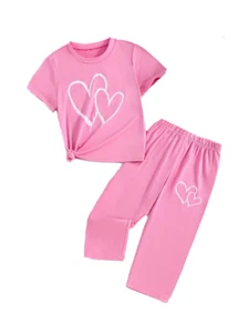 New Girls Size 5 Pink Short Sleeve Hearts Outfit Pants Set - Picture 1 of 4