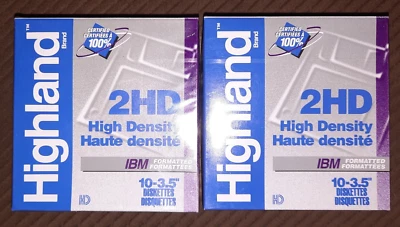 2 Boxes Highland 3.5" Diskettes 2HD High Density IBM Formatted, New & Sealed - Imagem 1 de 4