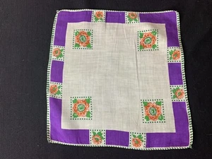 Vintage Ladies’ Purple & White With Orange Flowers Hankie/Handkerchief - Picture 1 of 3