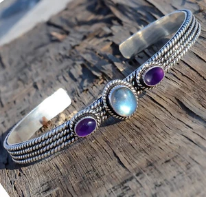 Labradorite, Amethyst Bangle 925 Sterling Silver Artisan Jewelry Bracelet Cuff - Picture 1 of 6