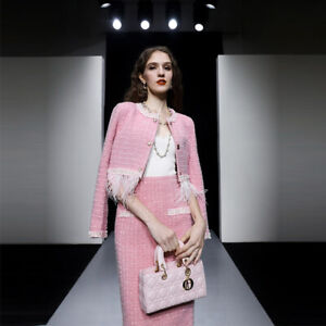 Women's Fashion Ostrich Fur Tweed Short Coat High Waist Skirt Set Suit Party 2pc