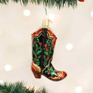 OLD WORLD CHRISTMAS HOLLY BERRY COWBOY BOOT GLASS CHRISTMAS ORNAMENT 32161 - Picture 1 of 3