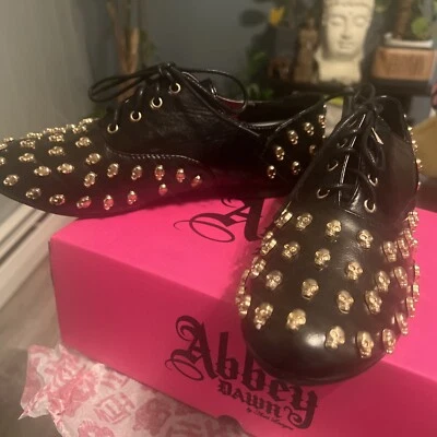NIB Abbey Dawn by Avril Lavigne Tough Crowd Oxford Flat Black/Gold Skulls size 8 - Image 1 of 4