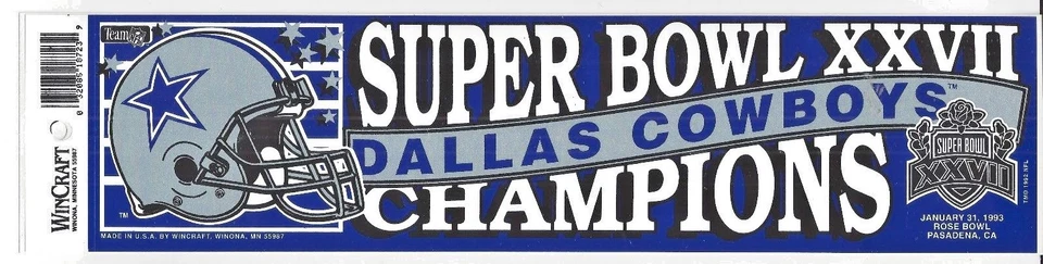 Vintage Dallas Cowboys NFL Super Bowl XXVII Champions Sticker  - Image 1 of 1