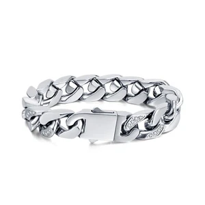 Women CNC Inlay Crystals Bracelet Stainless Steel Cuban Chain Bangle 13mm 7.87' - Picture 1 of 8