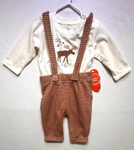 NWT Wonder Nation Moose Cream Top & Brown Houndstooth Overall Pants, 0-3 mos. - Picture 1 of 3