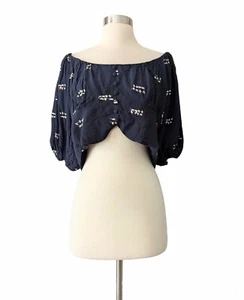 HOIVU Top Blouse Crop Navy Blue Floral Scalloped Hem Zipper Puff Sleeve SMALL - Picture 1 of 6