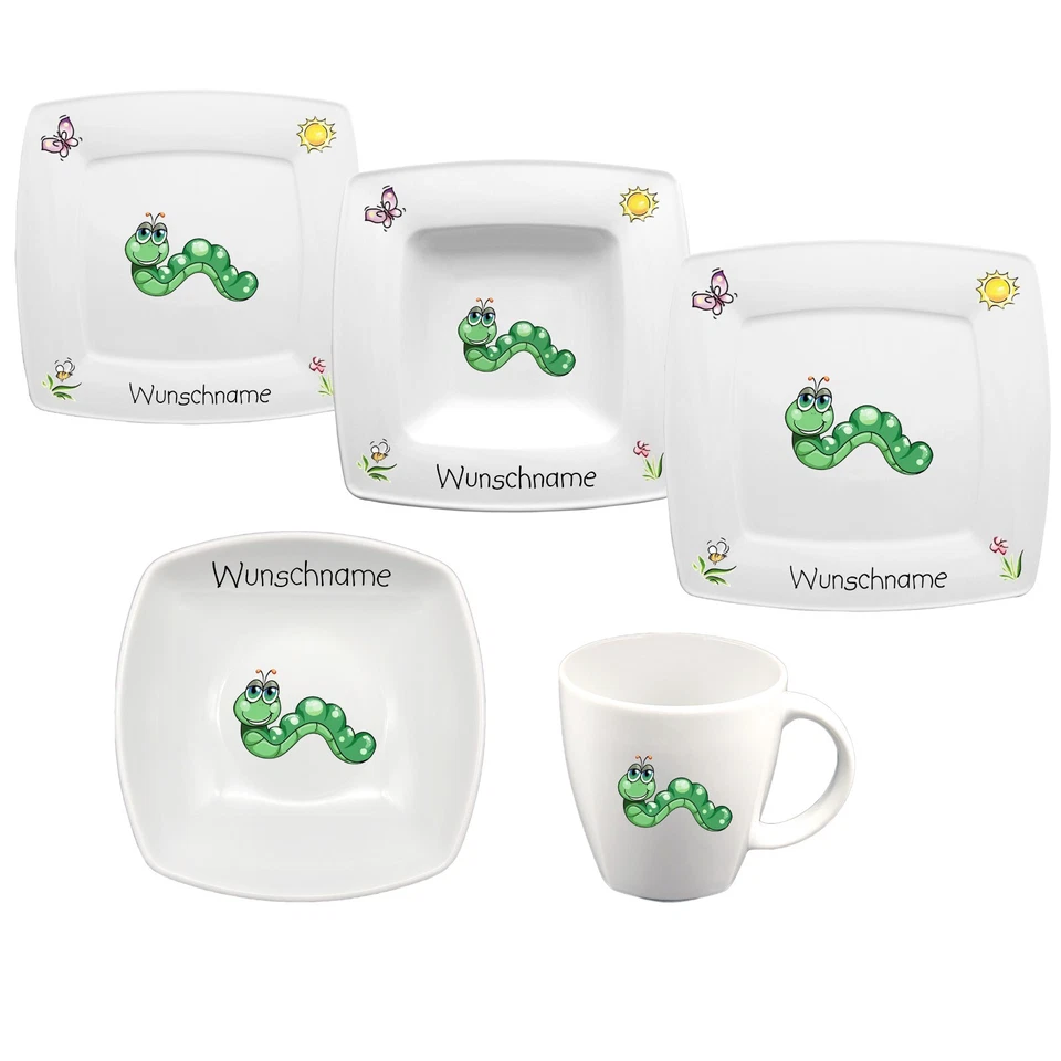 Kindergeschirr Wurm Raupe Porzellan Set - Personalisiert mit Wunschname - Bild 1 von 1