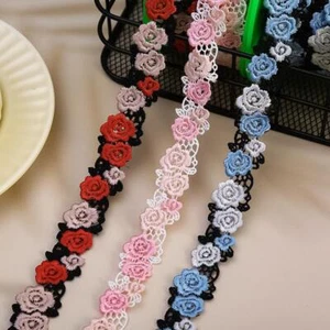 2Yards 2cm Wide Lace Trim Flower Applique Ribbon Embroidered Floral Fabric Decor - Picture 1 of 14