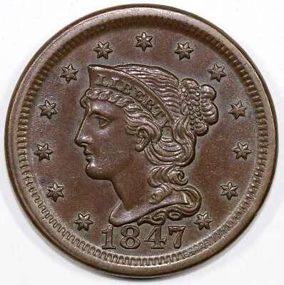 1847 1 centavo grande cabelo trançado N-14 - Imagem 1 de 2
