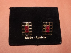 ÖSTERREICHISCHE ROTE KRISTALL GLAS GOLDFARBENE CLIP-ON OHRRINGE RECHTECK VINTAGE - Bild 1 von 2