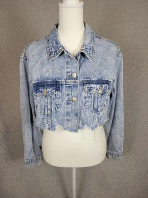 Windsor Cropped Denim Jacket Womens Small Blue Distressed Acid Wash 90s Grunge - Image 1 of 4