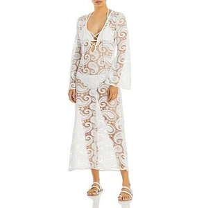Charina Sarte Ladies White Embroidered Paisley Print Coverup, Size Medium! - Picture 1 of 4