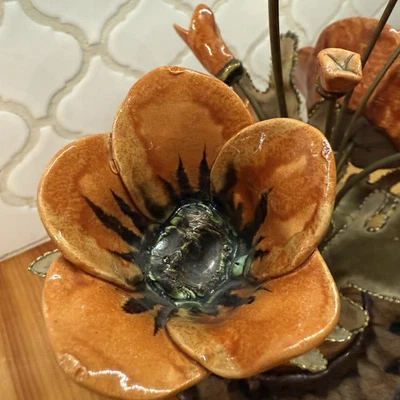 Vintage Winifred Cole Floral Brass Wood Clay Pottery Art Sculpture Poppies - Image 1 of 4