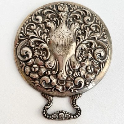 Antiguo espejo de mano estampado de plata esterlina con monograma rollos florales  Foto 1 de 4