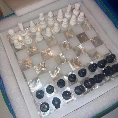 12" White marble Chess Set Pieces Handmade Mop Inlay Christmas New Year Gifts - Image 1 of 4