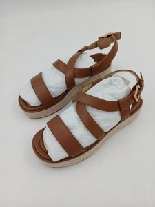 Michael Kors Shoe Women Size 8.5 Brown Platform Espadrille Sandal Gold MK Buckle - Picture 1 of 7