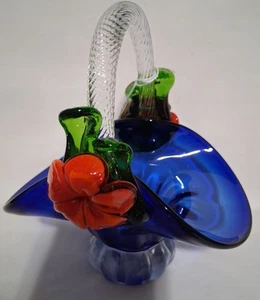 Art Glass Cobalt Blue Basket Twisted Handle & Applied Red Flowers Approx. 6" - Picture 1 of 5