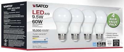 SATCO LED Light Bulbs - A19/9.5W 5000K Natural Light 800 Lumens (4-pack) S39597