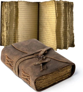 Vintage Leather Journal Lined Pages with Key - Antique Handmade Deckle Edge Vint - Picture 1 of 12