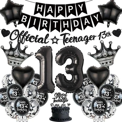 13th Birthday Decorations Boy - Black Official Teenager Happy Birthday Banne