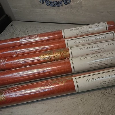 Osborne & Little Ready Trimmed Wallpaper Wipeable W1060-04 Red with Gold Accents - Image 1 of 4