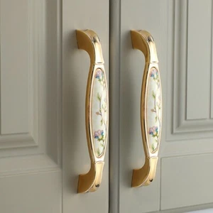 2PCS Floral Cabinet Pull Floral Ceramic+Gold Zinc Alloy Heavy-duty Drawer Handle - Picture 1 of 8