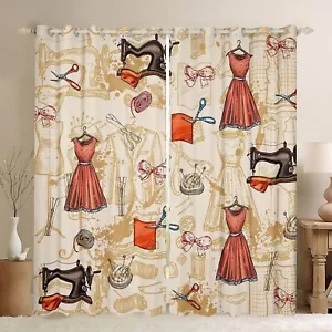 Vintage Sewing Machine Window Drapes,Retro Dress Bowknot Pattern Kitchen Wind... - Picture 1 of 7