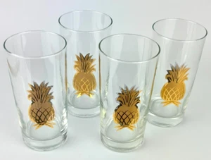 Set of 4 Clear Glass Highball Tumblers with Gold Pineapple 5-1/2" Tall - Picture 1 of 8