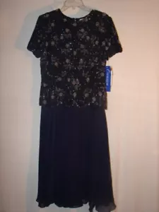 Vintage NWT Papell Boutique Evening Navy Blue Beaded Dress Size P 14 - Picture 1 of 7