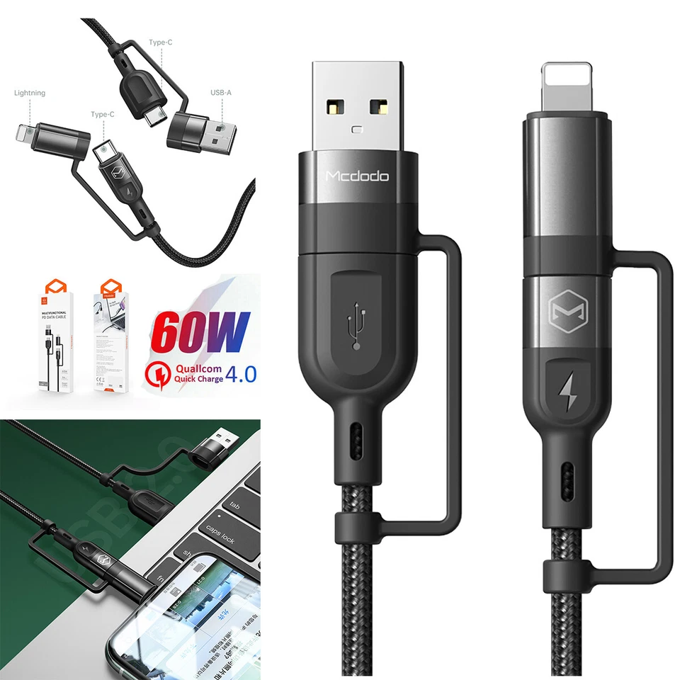 PD 60W Multi USB C QC Fast Charging Cable 4 in 1 USB C/USB A to USB C To iPhone - Image 1 of 4