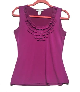 Vintage Suzie Top Blouse sleeveless Purple Ruffled front Sz S knit stretch EUC - Picture 1 of 6
