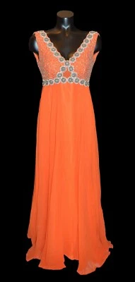 Vestido de baile Mike Benet vintage años 60 70 naranja de gasa con cuentas talla 2 Foto 1 de 3