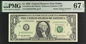 1999 $1 Federal Reserve Note PMG 67EPQ top pop super radar rotator 05555550 - Picture 1 of 3