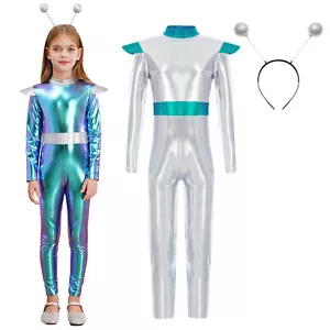 Mädchen Halloween Alien Kostüm Holographischer Ganzkörperanzug mit Haarreif Set - Bild 1 von 29