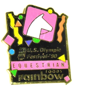 Vintage US Olympic Festival Pin 1990 Equestrian Horse Rainbow Foods Hat Lapel - Picture 1 of 3