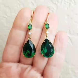 2Ct Pear Cut Lab-Created Emerald Drop Dangle Earring 14k Yellow Gold Plated - Picture 1 of 6