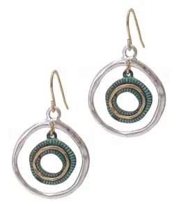 Dangle Earrings Metal Circle Hoops Tri Tone Silver Gold Plated Patina Ears - Picture 1 of 1