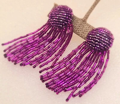 E309 Purple Beaded Earrings Fringe Tassel Bohemian clip Drop Handmade Jewelry - Image 1 of 4