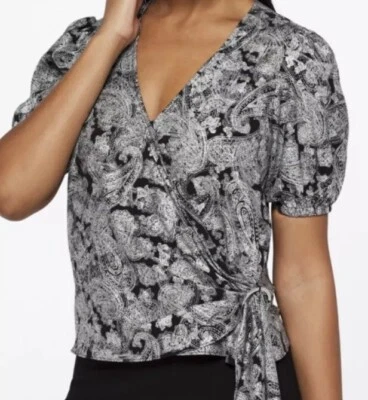Michael Kors Women's Foil Paisley Wrap Top  Black/ Silver Size Small V Neck - Image 1 of 4