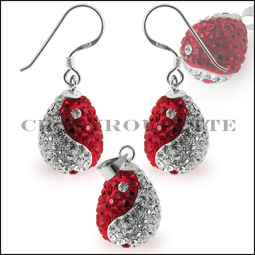 925 Silber Set Rot Ohrringe Ying Yang Ohrstecker Strass Anhänger 14mm Ø Zirkonia - Bild 1 von 1