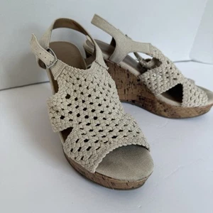 Canvas Macrame Faux Cork Open Toe Wedge Sandals Taffy Neutral Womans 8.5 Boho - Picture 1 of 11