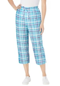 Woman Within Plus Size Seersucker Pull-On Elastic-Waist Capri Pants - Picture 1 of 31