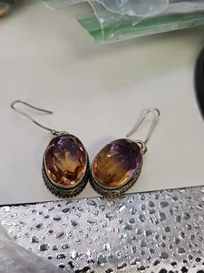 Earrings. 925silver Pierced Dangle Ametrine Oval - Picture 1 of 5