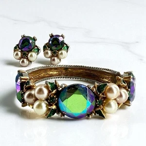 HAR Emaille Pfau Aurora Borealis Glassteine Perlen Clamper Armband Ohrringe - Bild 1 von 12