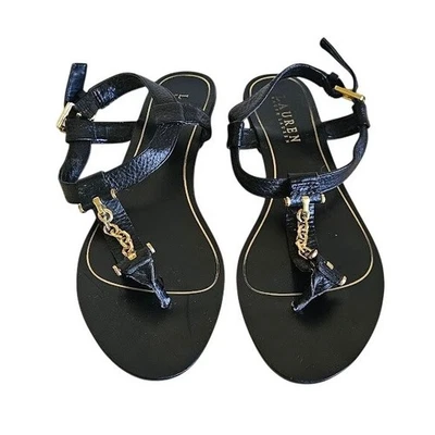 Sandalias de Tanga Lauren Ralph Lauren Mujer Talla 7 Negro Dorado Cadena Correa al Tobillo Chic Foto 1 de 4